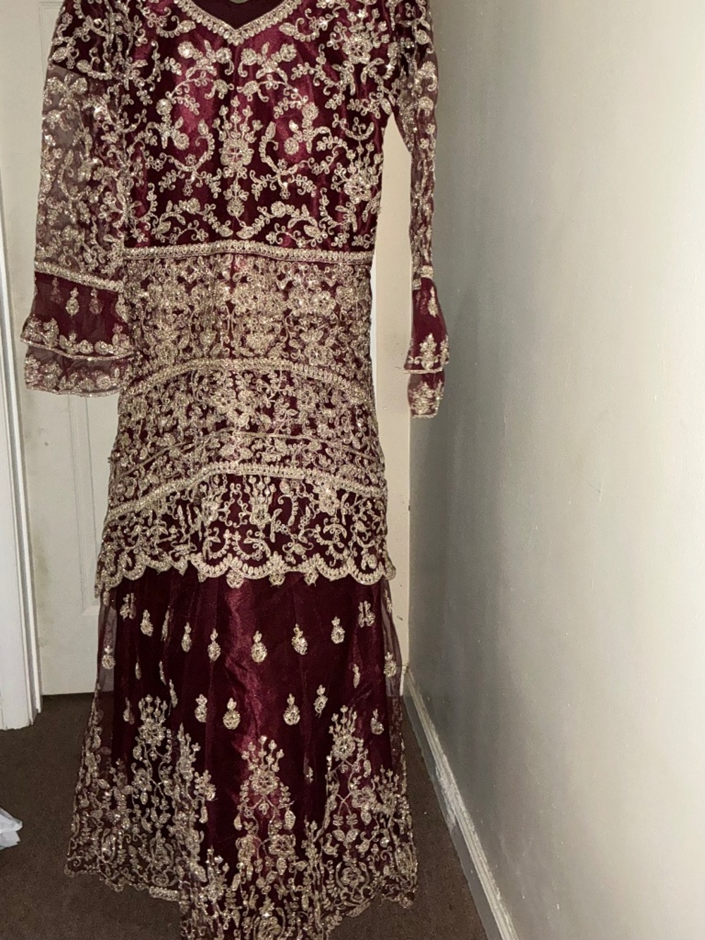 Burgundy and gold embroidered dress